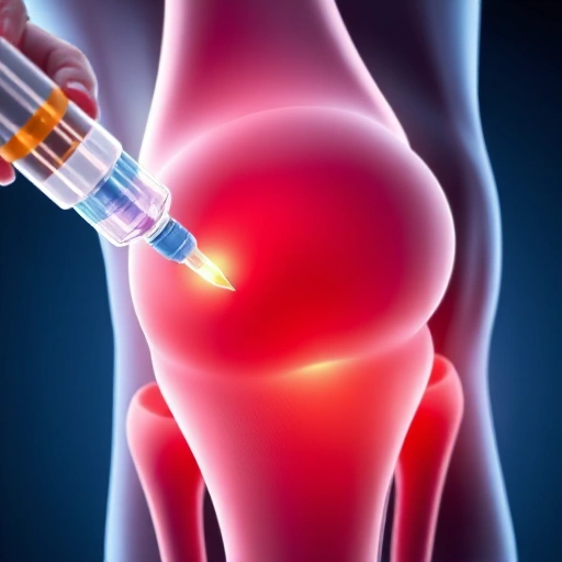 A close-up medical illustration of human joint tissue with visible platelet-rich plasma (PRP) being injected into a knee joint, showing concentrated platelets and growth factors stimulating cartilage repair, soft tissue regeneration, and reduced inflammation, rendered in a clean, high-detail scientific style with subtle blue and gold accents to represent healing and biological activity, no text, no labels, no symbols, no UI elements